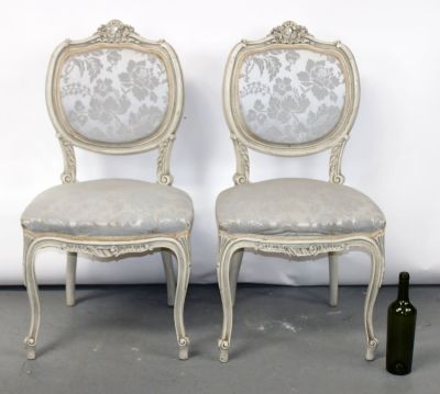 Pair French Louis XV style side chairs. Pair of French Louis XV style painted and carved walnut 
