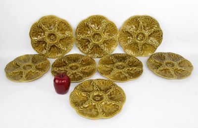 Set of 8 Gien France Majolica oyster plates. Set of 8 Gien French green Majolica oyster plates. 