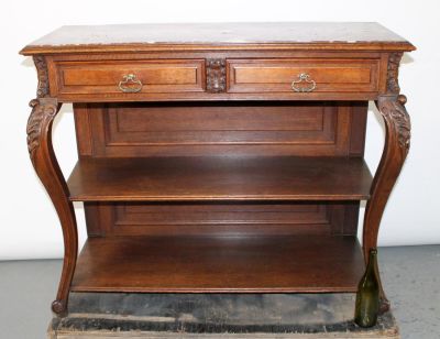 French Louis XV style tiered server with marble top. In oak with 2 drawers. Early 20th century. 