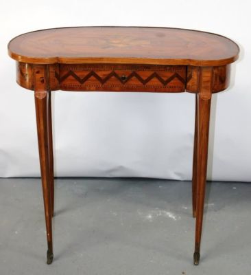 French Louis XVI style marquetry side table with drawer. Mid 20th century. 29 1/4"h x 30 3/8"w 