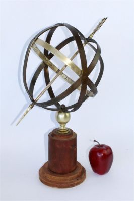 Bronze & iron armillary sundial on wooden stand. Bronze &amp; iron armillary sundial on wooden 