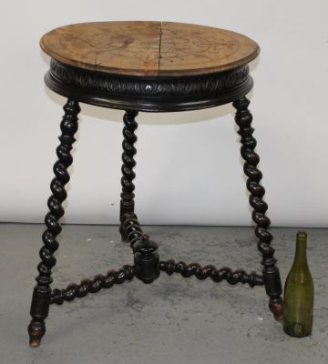 Antique round side table in walnut on 3 barley twist legs. Antique barley twist side table in 