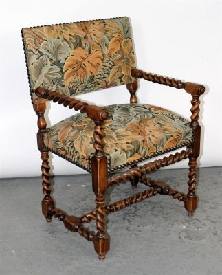 French Louis XIII style armchair with barley twist arms and legs. French Louis XIII style 