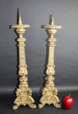 Pair of French Gothic style bronze altar candlesticks from a church. Late 19th century. 27"h x 