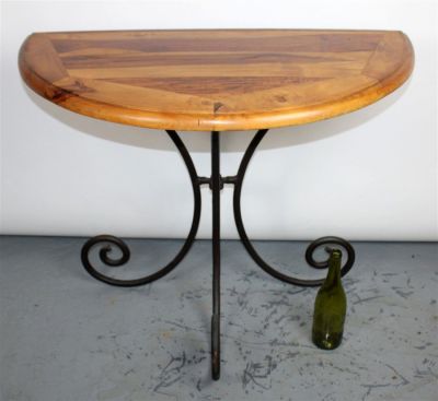 Demi-lune sheesham wood console table on iron base. 29 1/2"h x 35"w x 15"d