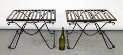 Pair of wrought iron curule stools. Late 20th century. 16"h x 24"w x 18"d
