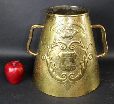 Antique French embossed brass milk pail from Basque region of France. With Latin inscription. 
