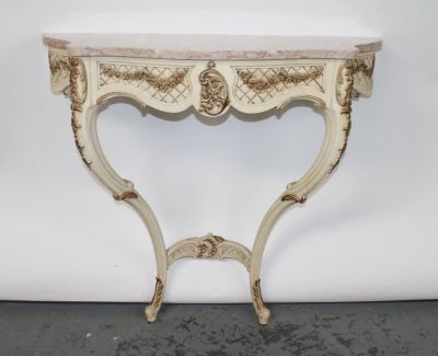 French Louis XV style painted wall mount console. French Louis XV style painted and parcel gilt 
