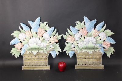 Pair of French tole floral basket form wall sconces. Pair mid century French tole flower basket 