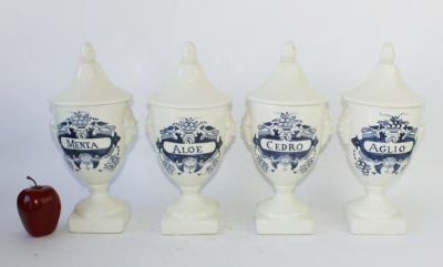 Set of 4 Italian ceramic apothecary jars: aloe, cedro, menta, aglio. 15"h x 6"dia