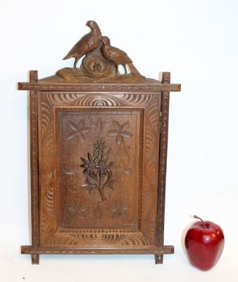 Antique French Black Forest key box in walnut with carved focal birds. Circa 1900. 18 1/2"h x 