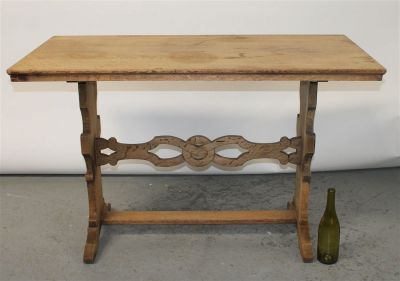 French trestle table with floral carving. French Gothic Revival trestle table in bleached oak 