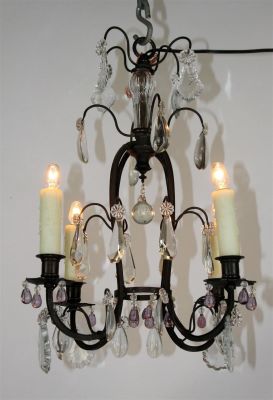 4 light iron chandelier with clear and purple glass. Late 20th century. 18" drop x 15 1/2" dia