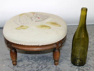 French Louis XVI oval foot stool with needlepoint. French Louis XVI style petit oval foot stool 