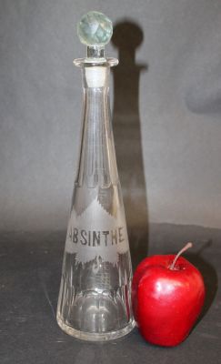 French etched glass absinthe bottle with stopper. Early 20th century. 11 1/2"h x 3 1/2" dia