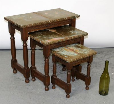 Set of 3 nesting tables with brass tops Sm - 14" x 11 1/2"w x 9 7/8"d, Lg - 21 1/8"h x 23 