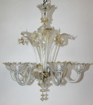 6 arm Venetian glass candle chandelier with gold accents. 30" drop x 28 1/2"dia