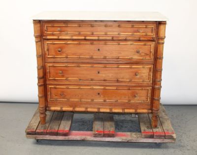 French faux bamboo commode in pine with marble top. Early 20th century. 35 1/4"h x 40 1/2"w x 