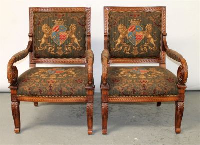 Pair of Sherrill armchairs with lion crest upholstery. Pair of Sherrill arm chairs with lion 