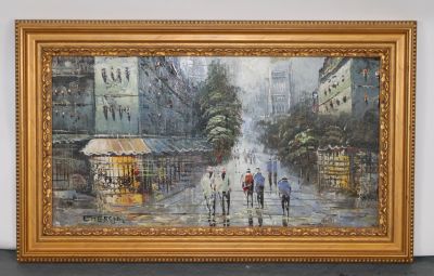 Oil on board Paris street scene painting signed Emerson. Oil on board Paris street painting 