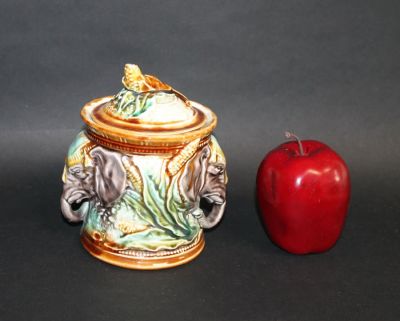 French Majolica lidded tobacco jar. Early 20th century. 6"h x 5 1/2"w