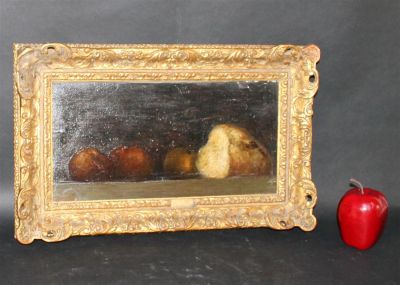 Antique French still life painting on board. Antique French painting still life with pears. 