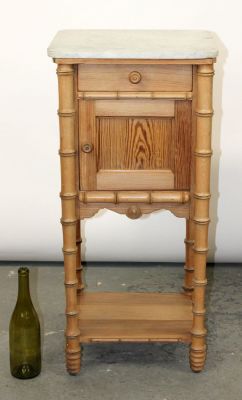 French faux bamboo chevet in pine with marble top. Circa 1900. 33 3/4"h x 15 3/4"w x 13 3/4"d