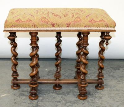 French 6-leg stool in walnut with barley twist legs. French 6 barley twist leg stool in walnut 