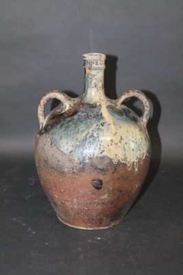 Antique French glazed terra cotta pitcher. 19th century. 13 1/4"h x 8 1/2"diam