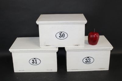 Lot of 3 French painted pine lift top boxes with porcelain numbers. Early 20th century. 7"h x 