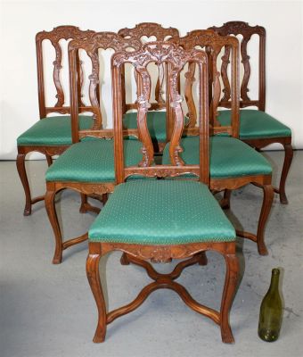 Set of 6 French chairs with carved urns with flowers & fowl, green fabric seats. Set of 6 French 