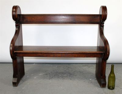 French Gothic church pew bench with scroll. French Gothic Revival church pew bench with scroll. 