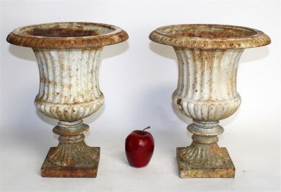 Pair Antique French classical cast iron urn planters. Late 19th century. 13 1/2"h x 11 1/2"diam