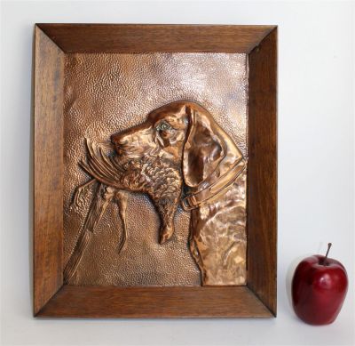 Framed copper relief of hunting dog 16"h x 13 1/2"w