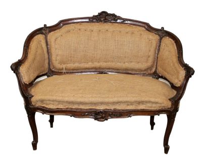 French Louis XV carved walnut settee upholstered in burlap. Early 20th century. 36"h x 48 1/2"w 