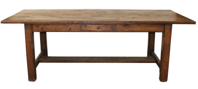 French shop table in oak with single drawer Square legs with hand hewn plank top. Early 20th 