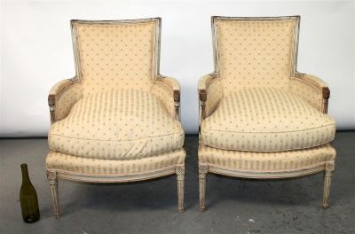 Pair of French Louis XVI carved & painted bergere armchairs. Pair of French Louis XVI carved 