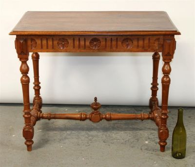 French bureau plat desk in walnut. Single drawer. Late 19th century. 28 1/2"h x 35 1/2"w x 22"d