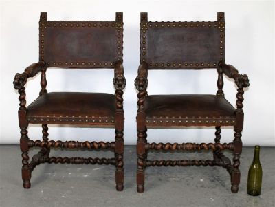 Pair French barley twist armchairs with leather and lions. Pair French barley twist oak 