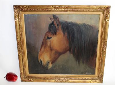 Oil on canvas painting of a horse. Signed /r E. Van Roe. Mid 20th century. 19 1/4"h x 21 1/4"w 