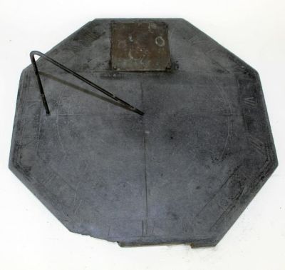 Antique French slate garden sundial with iron. Octagonal plate with Roman numerals. 19th 