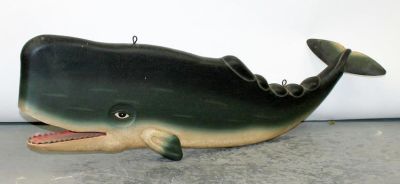 Folk Art painted metal whale trade sign. Late 20th century. 16"h x 46"w
