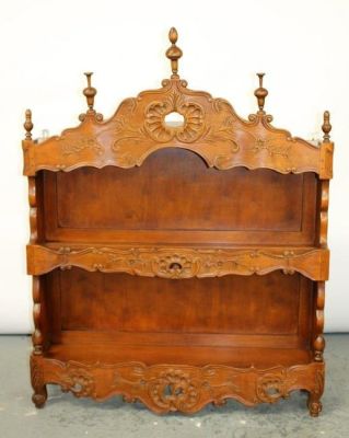 French Provincial carved walnut estanier etagere . Mid 20th century. 51 1/2"h x 40"w x 8 1/2"d
