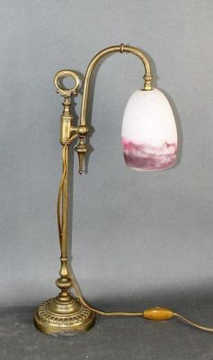 French Muller Freres bronze desk lamp with Art Glass shade. French Muller Freres desk lamp 