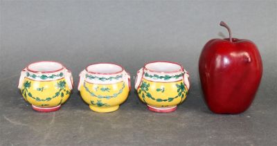 Lot of 3 French Majolica salt cellars. 2 1/4"h x 3" dia