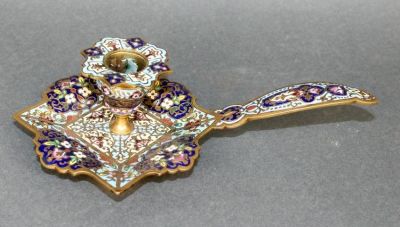 Antique French cloisonne chamber candle holder. Early 20th century. 2 5/8"h x 8 3/4"l x 5 1/8"w
