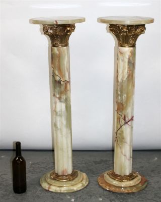 Pair of Italian onyx and brass classical pedestals. Pair of Italian onyx and brass classical 