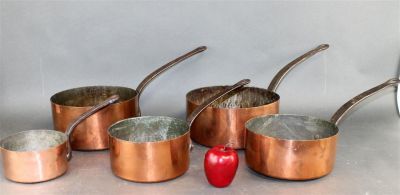 Nest of 5 French copper pots with iron handles. Smallest pot measures 3 1/2"h x 6 1/2" dia and 
