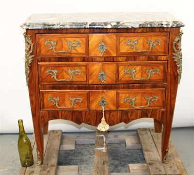 French Louis XV marquetry 3 drawer commode with bronze mounts and marble top. French Louis XV 