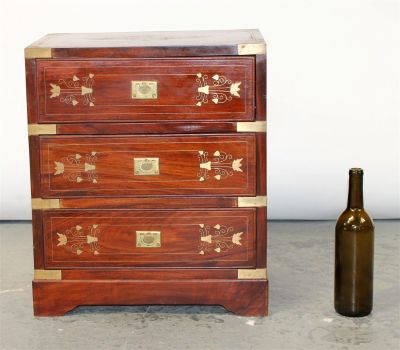 Brass inlaid campaign chest in teak with floral decoration. Late 20th century. 21"h x 18"w x 
